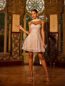 Luxury Strapless Mini Dress With Beaded Sequins And Tulle Sashes For Red-Carpet Events, Wedding Receptions, And Evening Galas. - Apricot - View 10