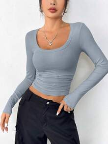 PRETTYGARDEN Women Spring And Fall Long Sleeve Shirts Clothes Cute Going Out Tops Ribbed Tight Fitted Plain Basic Tee Tshirts Vacation Outfits For Women - 淺灰色 - 查看 3