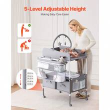 Baby Changing Table, Foldable Diaper Change Station With 2 Fabric Drawers, Side Basket & Hanging Rod, Adjustable Height Portable Changing Table With Lockable Wheels & 2 Star Toys, Light Gray - 2 Fabric Drawers Light Grey - View 2