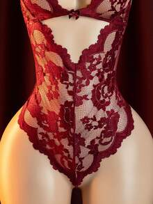 Bộ jumpsuit ren đỏ và cà phê gợi cảm với cổ chữ V khoét sâu, dây mảnh và chi tiết eo. - Màu Đỏ Sâu - Xem 4