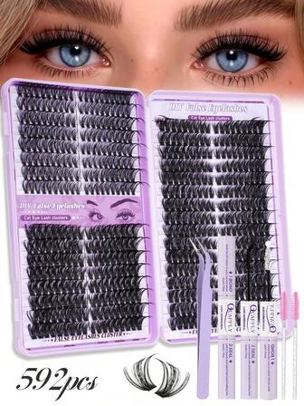 592Pcs D Curl Lash Clusters Kit Fluffy Lash Clusters Kit 40D+60D+80D 8-18mm Individual Lashes D Curl With Bond Seal Tweezers Brush*2 By QUAFFLY
