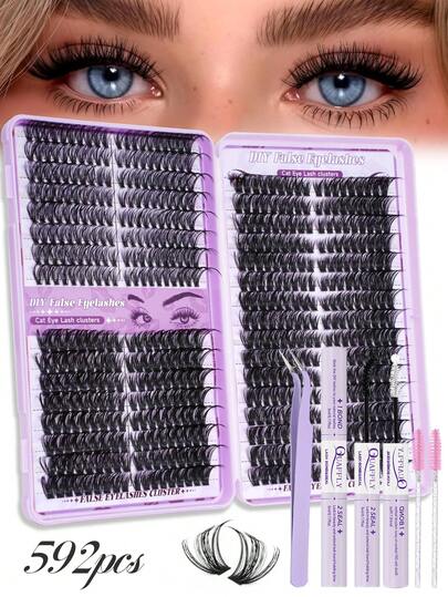 592Pcs D Curl Lash Clusters Kit Fluffy Lash Clusters Kit 40D+60D+80D 8-18mm Individual Lashes D Curl With Bond Seal Tweezers Brush*2 By QUAFFLY