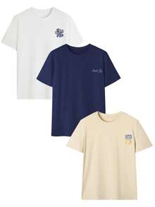 Set de 3 camisetas de mujer de manga corta con cuello redondo y estampado floral, de estilo casual y versátil, color rosa - Rosa - Ver 4