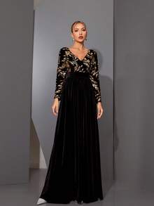Mgiacy, A Luxurious, Shimmering Mid-Rise, Gathered-Waist, Long-Sleeved, Velvet, Flared Maxi Dress - Black - View 1
