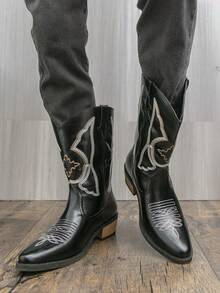 Western Style Cowboy Boots, Wedge Heel, Embroidered, Retro British Style, Couple Boots, Riding Boots, Black Boots