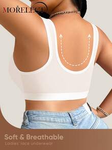 Morelect Plus Size Women Lace Patchwork Front Closure Wireless Bra, Fashionable Jacquard Supportive & Lifting - White - View 3