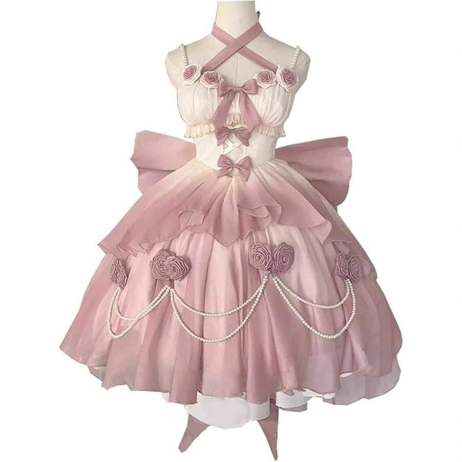 Pink Lolita Dress For Women Girls, Kawaii Dress Cosplay Costume, Lace Layered Maid Outfit Sleeveless, Romantic Gradient Pink - 多色1203 - 查看 1