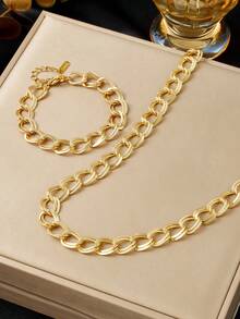 RAYQUEEN Set Perhiasan Kalung dan Gelang Fashion Geometris Stainless Steel Baru, Cocok untuk Pemakaian Sehari-hari - Yellow Gold - View 2