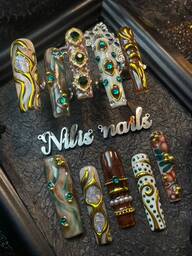 Cute Baroque Nail Art Look With 10pcs Brown Handmade Acrylic Press On Nails Long Square Nails Brown&Champagne Cat Eyes&Blue&Green Tie Dye Nails Pearl Embedding Fake Nails Hand Draw Leopard Print&Stars Nail 3D Steel Beads& Love&Butterfly Suitable For Parties Use Set Suitable For Holiday Use, Suitable For Girls To Use Wear With Free Gel Sticker Nail File Nail Supplies