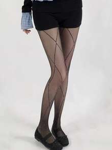 1 par de pantimedia de mujer con malla de strass, medias brillantes de moda adecuadas para la discoteca - Negro - Ver 2