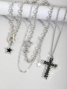 3件套水钻星星、十字架和流苏项链套装，闪亮锆石吊坠项链，独特哥特式女士颈链 - 銀色 - 查看 3