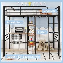High Bed, 90*200cm, Without Mattress, Bed With Desk, Multiple Shelves, Railing, Ladder, Iron Frame, Black - 黑色+金屬+90cm*200cm - 查看 5