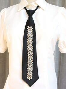 1pc Rhinestone Zipper Necktie, Suitable For Party, Casual, Daily, And Streetwear