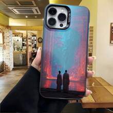 Cubierta de telefono con diseño de pareja al atardecer azul y rojo para iPhone 14 Pro Max funda protectora con estampado artístico para uso diario en cafeterías - Negro - Ver 4