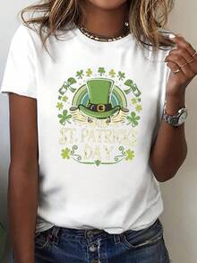 1 Piece Women's St. Patrick's Day Casual Crew Neck T-Shirt, Geometric Print, Polyester Knit Fabric, Regular Length - All Seasons - White - View 6