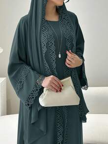 Bộ áo choàng không tay cài khuy phía trước viền ren, gồm áo lót không tay và khăn voan - Nhẹ nhàng, thanh lịch, thoáng khí, thích hợp cho mùa xuân/hè. - Màu xanh đậm - Xem 4