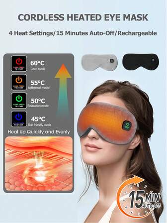 Máscara de ojos calentada inalámbrica, máscara de compresa cálida para ojos secos, 3 niveles de ajuste de temperatura, almohadilla de calentamiento eléctrico recargable por USB para tratamiento y uso en viajes, cubierta de ojos lavable, alivia eficazmente la molestia ocular