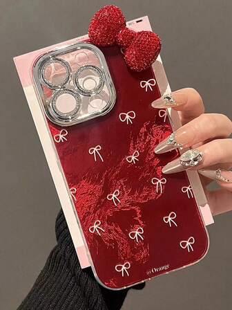 奢华 Ins Anquela 红色蝴蝶结 3D 水钻全覆盖镜头手机壳，适用于 16 Pro、新款 17 Pro Max/17 Pro、17、17 Air、15/14 Plus、13 Pro Max、12、11， 16 防摔