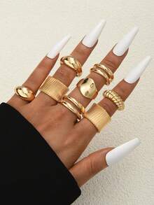 8件套复古时尚优雅小众奢华几何不对称多元素宽版可调节戒指套装，适合度假、派对、约会、送礼、日常搭配，高性价比珠宝促销 - 金黃色 - 查看 5