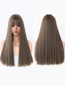 7JHH WIGS 高品质22英寸长直亚麻棕色假发，女士款，蓬松合成假发带刘海，外观自然，采用非常柔软的耐热合成纤维制成，全机织，美观大方，适合女孩参加音乐节、派对、街头服饰、万圣节角色扮演、动漫或服装搭配等场合。 - 棕色 - 查看 5