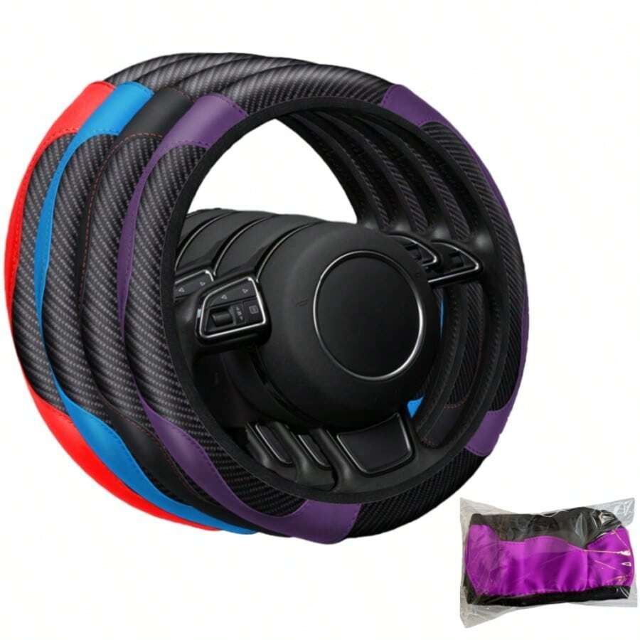All-Season Carbon Fiber Textured PU Leather Steering Wheel Cover Without Inner Rim. Requires Two People To Install. 14.5-15 Inches. Breathable, Non-Slip, Wear-Resistant, Comfortable, . Automotive Interior Accessories.