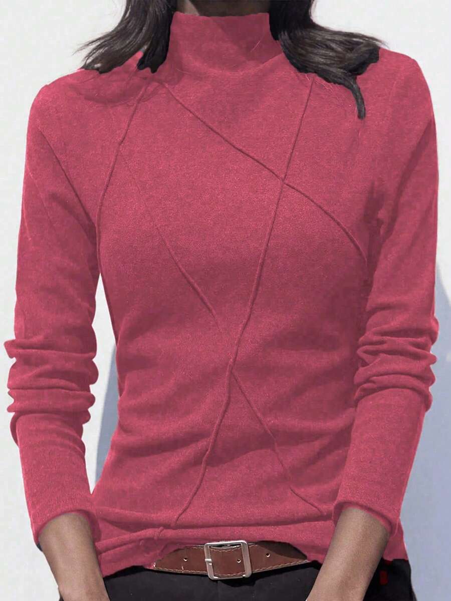 Women's Semi-High Neck Thermal Lined Base Layer Top, Autumn/Winter Patchwork Fishbone Line Design - Coral Pink - View 1