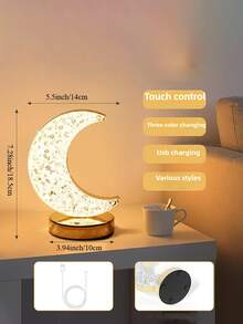 1pc Rechargeable Crystal Moon Lamp, Realistic Moon Bedside Lamp, Dimmable Moon Night Light, Decorative Moon Shaped Table Lamp, Desk Lamp, Touchable Dimming Light, Bedroom Touch Lamp, 3 Color Temperatures, Type-C Port, Rechargeable Desktop Decor Lamp - 桌面檯燈 - 查看 7
