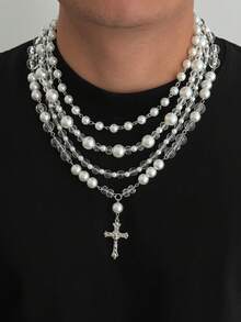 4pcs Punk Minimalist Cross Necklaces, Men's Vintage Faux Pearl Layered Y-Necklace, Suitable For Daily Wear And Parties - 4-piece Set - View 16