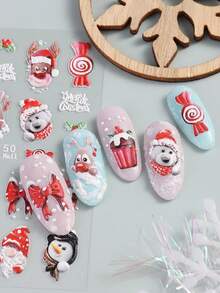 2 Sheets Xmas Deer Nails Stickers 5D Relief White Red Deer Christmas Lights Bear Penguin Design Adhesive Cartoon Bear Decal Nail Art Decor - 彩色 - 查看 5