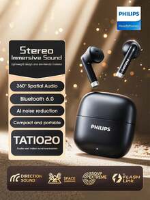 PHILIPS Auriculares inalámbricos Bluetooth 6.0, semi-intrauriculares, alta calidad de sonido, reducción de ruido para juegos, compatible universal con iPhone y Android, modelo TAT1020 - Negro - Ver 1