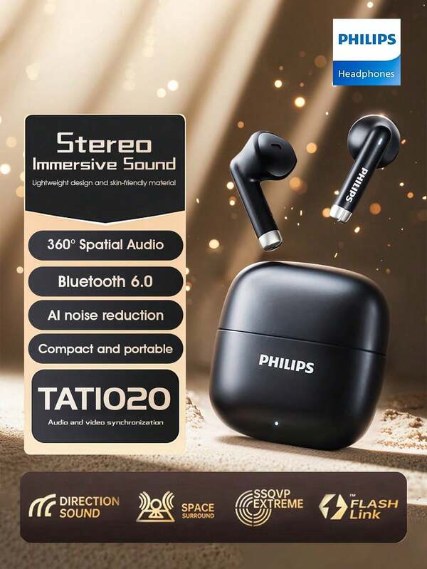 PHILIPS Auriculares inalámbricos Bluetooth 6.0, semi-intrauriculares, alta calidad de sonido, reducción de ruido para juegos, compatible universal con iPhone y Android, modelo TAT1020