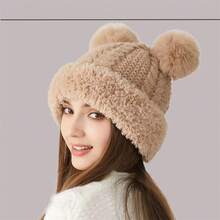 1pc Women's Cute Winter Pom-Pom Knit Hat, Retro Thickened Twisted Pom-Pom Earmuff Hat, Solid Color Casual Elegant Bohemian Street Style, Polyester Material, Autumn And Winter Style - 彩色 - 查看 4