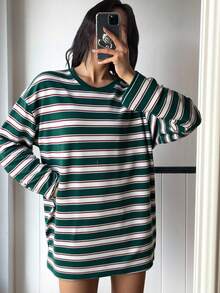 DAZY Áo thun nữ cổ tròn tay dài rộng rãi họa tiết sọc, quần áo mùa thu - màu xanh lá - Xem 5