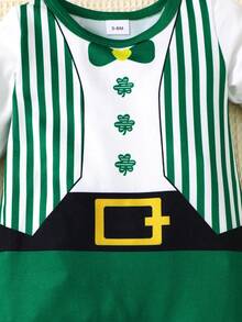 2pcs/Set Baby Boy Clover Print Patchwork Striped Cute Long Sleeve Romper + Hat - Green - View 4