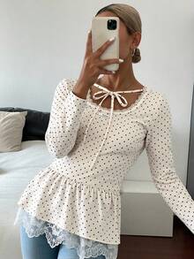 Livesso 女士波点面料蝴蝶结领修身紧身下摆蕾丝拼接芭蕾舞鞋款长袖甜美T恤 - 白色 - 查看 1