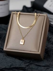 Nooxian 2 piezas Collar colgante de doble capa con cuchilla de acero inoxidable, cadena cuadrada de cobre con micro-incrustación de circonita brillante - Amarillo Oro - Ver 7