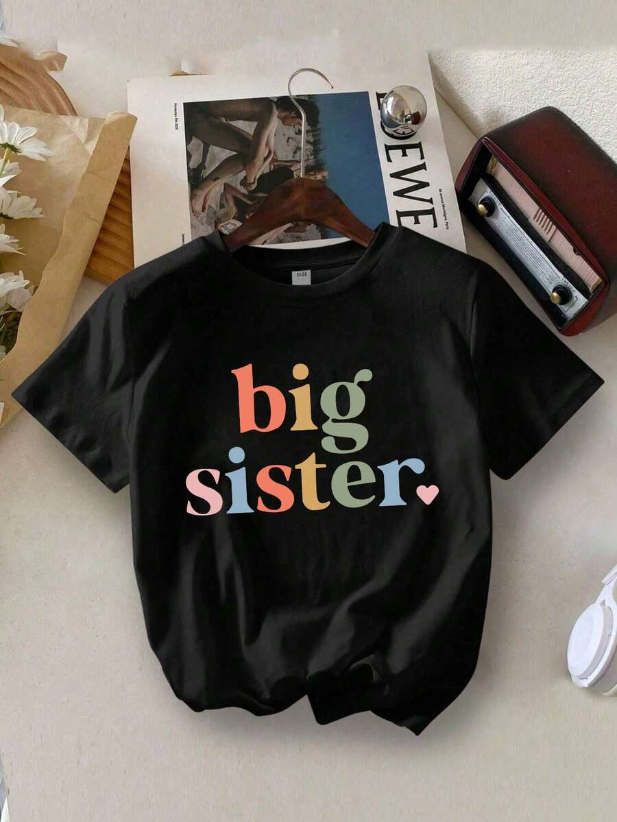 Girl's Cute Letter Print Casual Crew Neck T-Shirt, Summer - Black - View 1