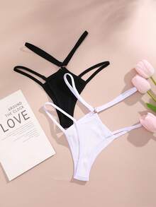 FINETOO 2pcs Women's Solid Color Hollow Out Ring Double Waist Band Thong Panties - Multicolor - View 3