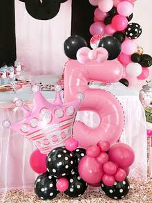 28个/套黑色和粉色32英寸数字气球套装，包含0-9数字、粉色皇冠铝箔气球、玫红色和黑色波点乳胶气球，适用于生日派对、粉色主题派对、周年纪念、粉色米老鼠主题派对、婚礼、公主生日派对装饰。 - 彩色 - 查看 7