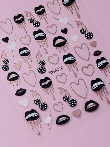 2 miếng dán móng tay hình trái tim, môi và quả anh đào độc đáo, họa tiết trái tim viền đồng kim loại, thích hợp cho móng acrylic, phụ kiện trang trí móng 3D tự dính. - Nhiều màu - Xem 8