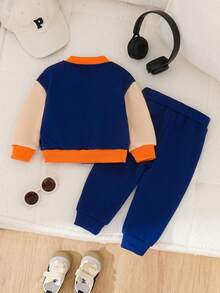 Boys' Colorblock Letter Print V-Neck Baseball Jacket And Pants Set, Casual Fashion - Royal Blue - View 2