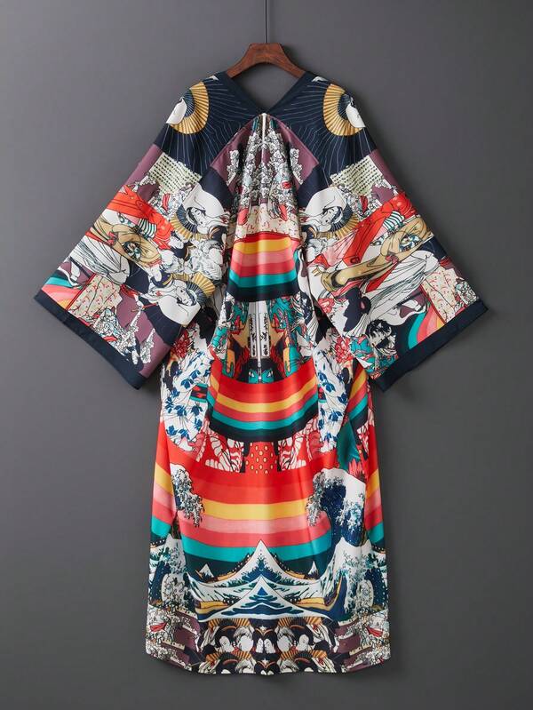 加大码夏季中长款宽松休闲沙滩罩衫、和服、长袍、波西米亚风超长连衣裙套装（适合比基尼）、轻质防晒霜