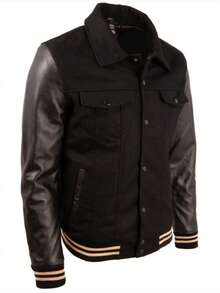 Men's Wool Real Leather Bomber Jacket V3CS - Black - View 3