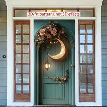 2D Polyester Ramadan Door Banner 1pc Exquisite Moon - Shaped Decor With Lantern And Floral Arrangement For Door Eid Al-Fitr Photo Props And Supplies, Suitable For Muslim Ramadan And Eid Al-Adha Celebrations, Islamic-Themed Holiday Decorations