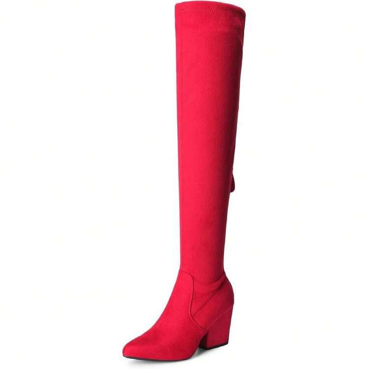 Botas altas por encima de la rodilla con puntera puntiaguda, tacón grueso y bloque, de moda y sexy para el otoño, 31370954 - Rojo - Añade 1