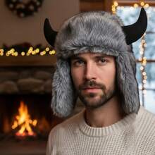 Faux Fur Trapper Hat With Horns  Ushanka Hat With Ear Flaps Warm Winter Cap For Men Women - 黑色 - 查看 5