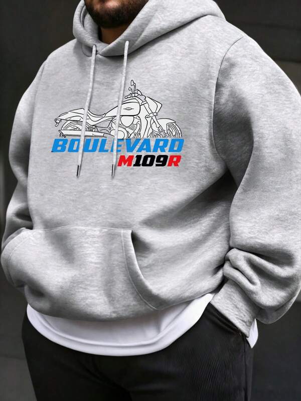 1pc Plus Size Men's Hooded Gray Thermal Lined Sweatshirt, Car Print, Casual Outdoor Wear, Autumn/Winter, Long Sleeve Top