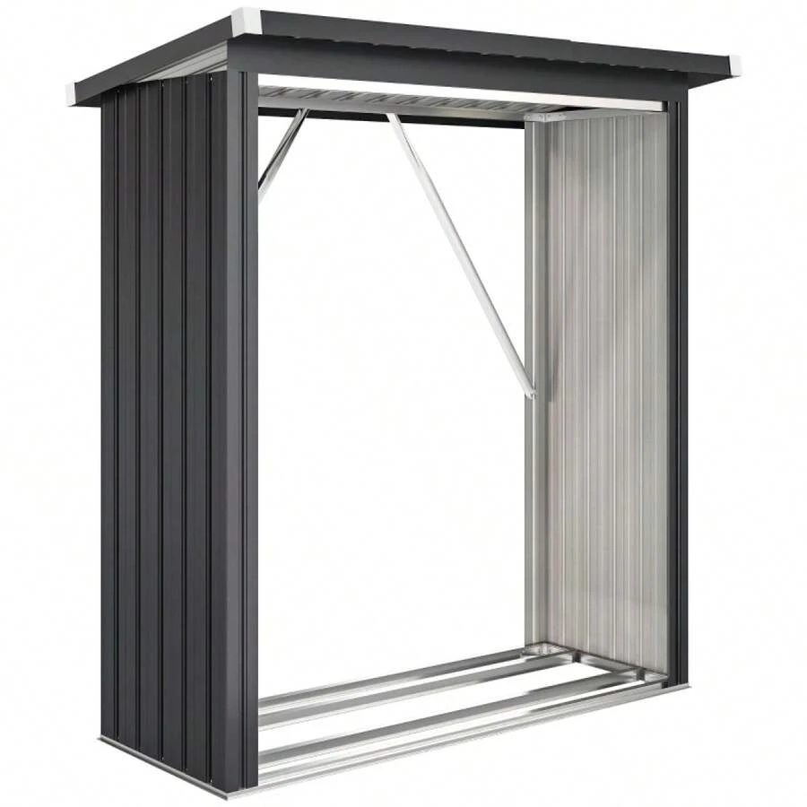 Outsunny Log Shed, Firewood Shelter, Steel, Raised Floor, Sloping Roof, 150 X 66.5 X 150, Dark Grey - 1 - View 1