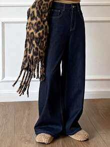 Livesso 女士直筒休闲保暖牛仔裤，冬季款 - 中等水洗藍 - 查看 6