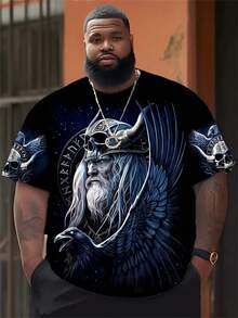 加大码男士奥丁战士维京风格3D印花T恤 - 休闲圆领短袖常规版型，100%涤纶针织面料，弹力十足，北欧神话设计 - 彩色 - 查看 5